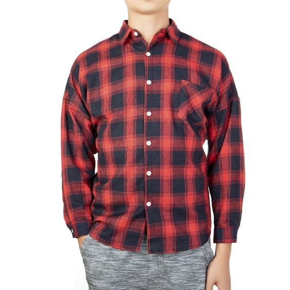 Mens Plaid Button Up Shirt Slim-Fit Long-Sleeve Linen Cotton Pattern Shirt Big & Tall Red & Black Plaid Button-Down Long Sleeve Shirt