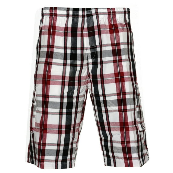 Mens Plaid Cargo Shorts Multiple Pockets Drawstring Casual Lose Fit, White/Red/Black, 3XL