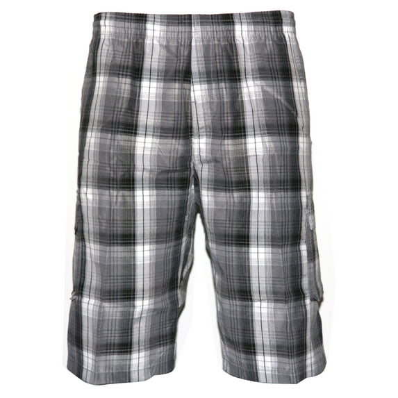 Mens Plaid Cargo Shorts Multiple Pockets Drawstring Lose Fit White Grey M