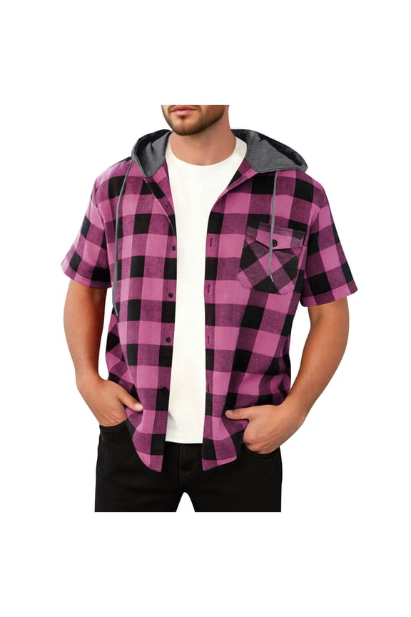 Mens Plaid Drawstring Hoodies Short Sleeve Button Up Sweatshirt with Pocket Soft and Light Hooded Blouse Tops