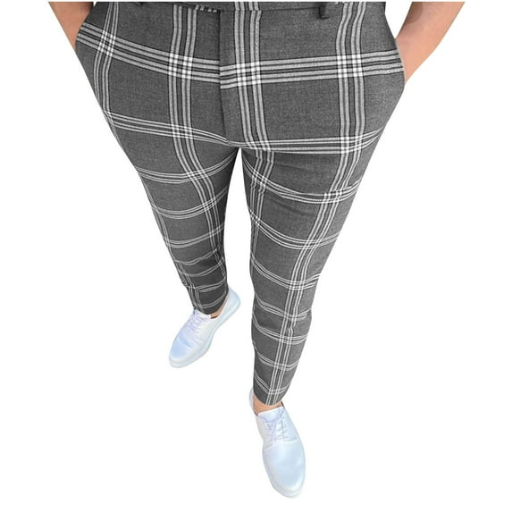 Mens Plaid Dress Pants Slim Fit Skinny Stretch Pinstripe Formal Pants with Pockets 2024 Fashion Casual Business Flat Front Chino Trousers