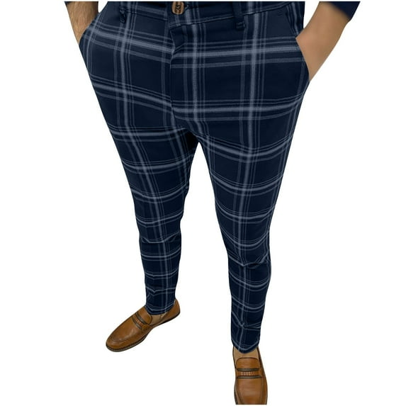 Mens Plaid Dress Pants Slim Fit Skinny Stretch Pinstripe Formal Pants with Pockets Fashion Casual Business Flat Front Chino Trousers
