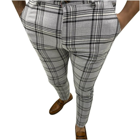 Mens Plaid Dress Pants Slim Fit Skinny Stretch Pinstripe Formal Pants with Pockets Fashion Casual Business Flat Front Chino Trousers