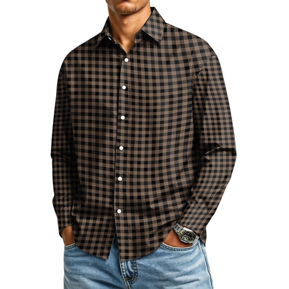 Mens Plaid Dress Shirts Button Down Long Sleeves Tops Casual Slim Fit Lapel Gingham Checkered Shirt