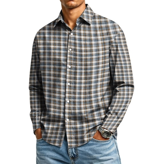 Mens Plaid Dress Shirts Long Sleeve Lapel Button Down Wrinkle Free Tee Casual Gingham Checkered Tops