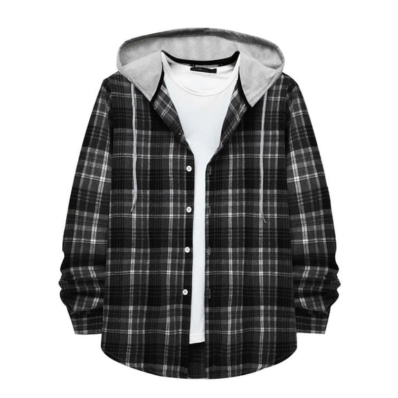 Mens Plaid Flannel Hoodie Jacket Long Sleeve Casual Button Up Quilted Buffalo Sweatshirt Top Thermal Fall Winter Outwear