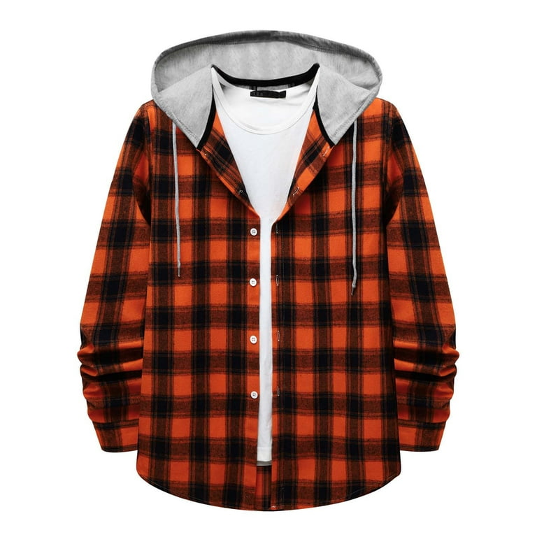 Mens Plaid Flannel Hoodie Jacket Long Sleeve Casual Button Up