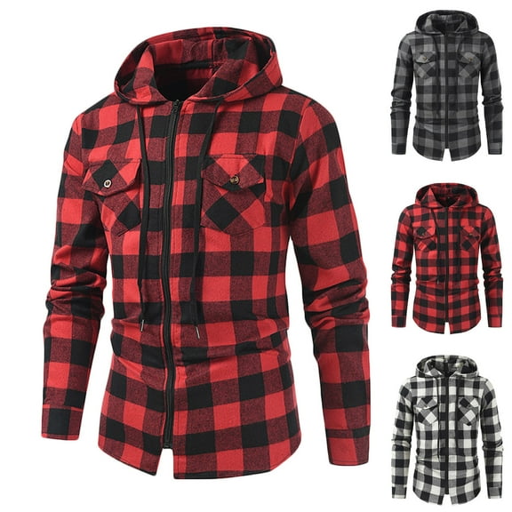 BiZtdJrK Mens Plaid Flannel Jacket Long Sleeve Full Zip Hoodies Chest Pockets Drawstring Hooded Cargo Sweatshirts Christmas Gifts, Red, XL