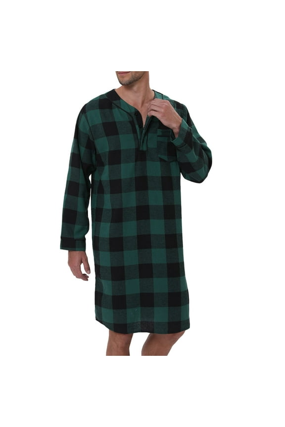 Mens Plaid Flannel Nightshirt Long Sleeve Nightgown Soft Loose Lightweight Henley Sleep Shirt Big and Tall Green M