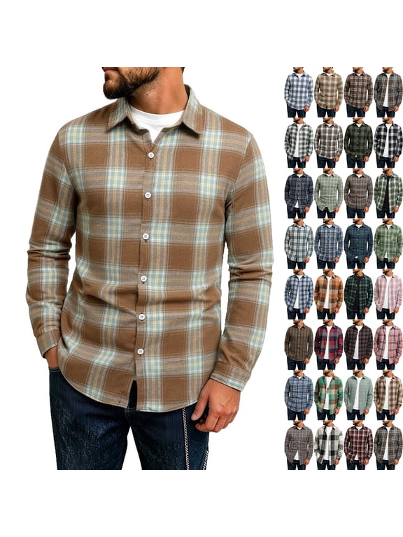 Mens Plaid Shirt Jacket Dqueduo Men's Flannel Plaid Long Sleeve Button Down Turn-Down Collar Brushed Lightweight Checkered Shirt Jacket Khaki XXL