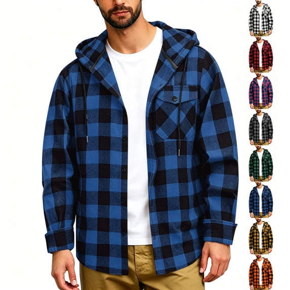 Mens Plaid Fleece Jacket Dqueduo Men's Patchwork Plaid Hooded Button Long Sleeve Casual Shirt Jacket Navy XXL