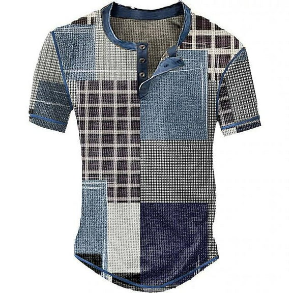 Mens Plaid Henley Shirts Vintage Distressed Tops Lace Up Blouse Short Sleeve Casual Tee Shirts Gym Shirts Gray XXL