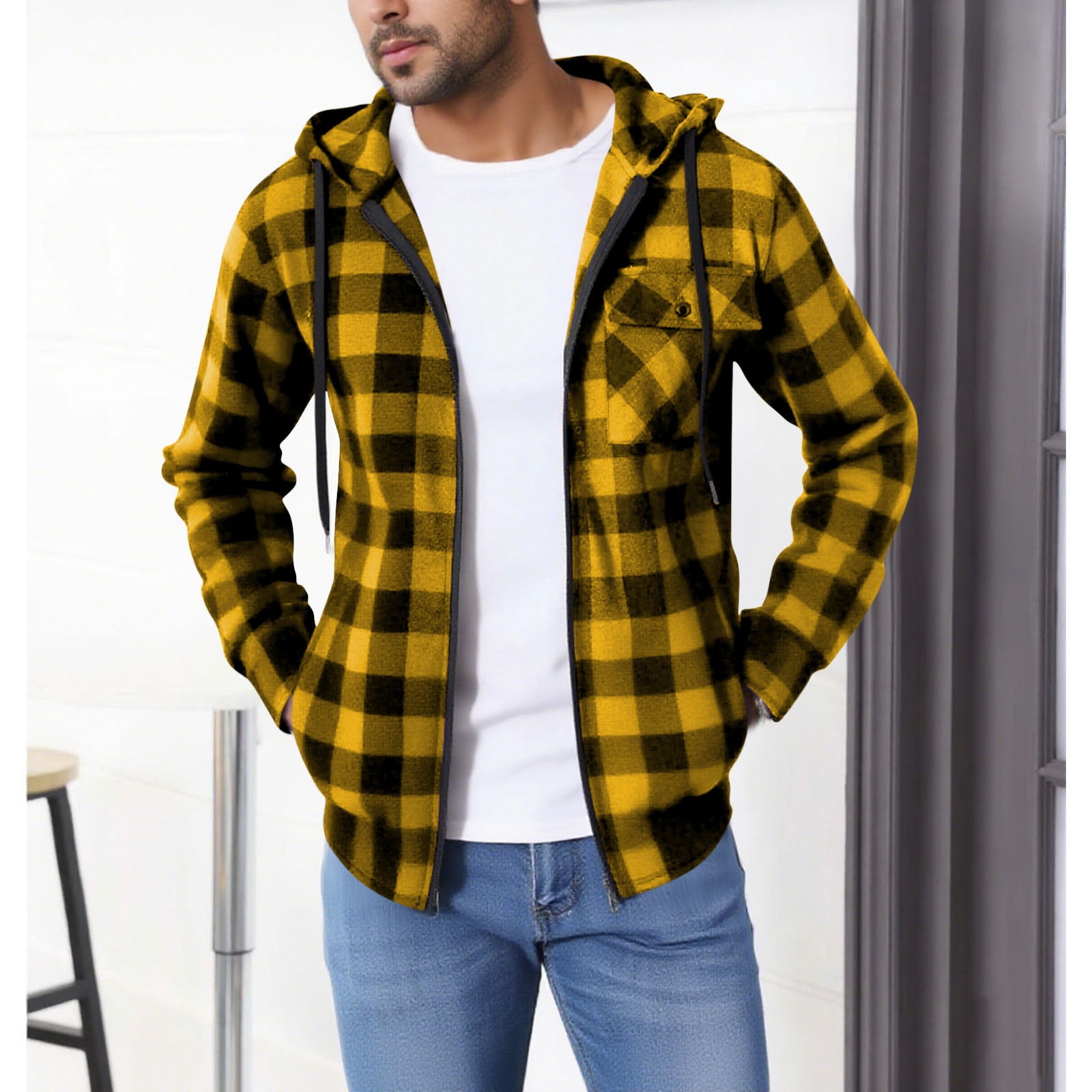 Mens Plaid Hooded Jacket Full Zip up Fall Lightweight Outwear Long
