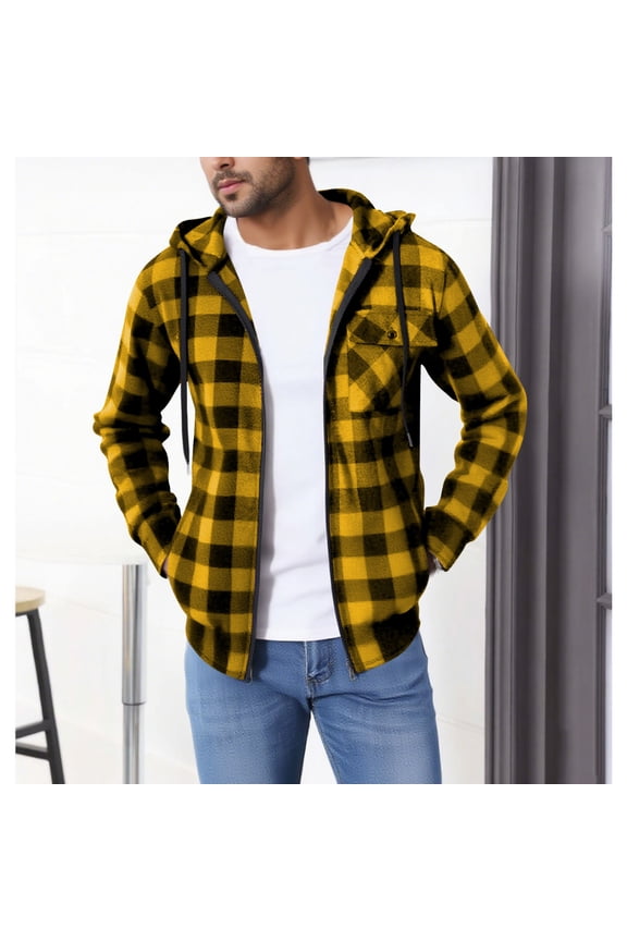 Mens Plaid Hooded Jacket Full Zip up Fall Lightweight Outwear Long Sleeve Casual Outdoor Active Checkered Coat New Light Fall Jacket Men Yellow XXL