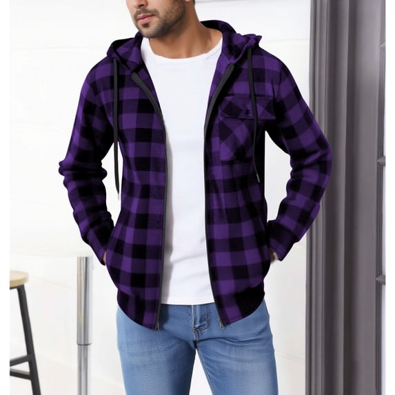 Mens Plaid Hooded Jacket Full Zip up Fall Lightweight Outwear Long Sleeve Casual Outdoor Active Checkered Coat New Men Jacket Lightweight Blue 3XL