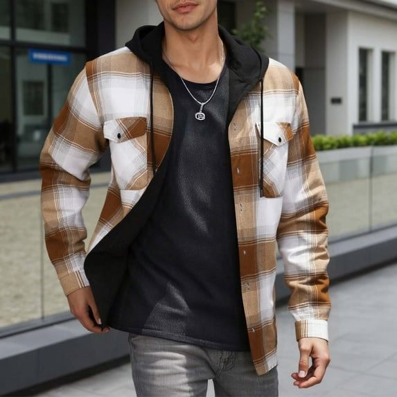 Mens Plaid Hoodies Winter Zip Up Jacket Sherpa Lined Warm Flannel Jacket Coat Men's inside hooded flannel shirt for outdoor activities,Orange3 S