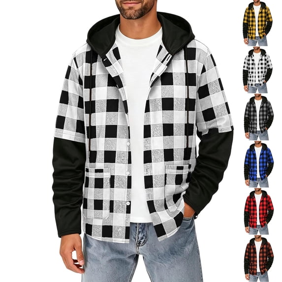 Mens Plaid Jacket Dqueduo Men's Flannel Plaid Long Sleeve Button Down Turn-Down Collar Brushed Lightweight Checkered Shirt Jacket Gray XL