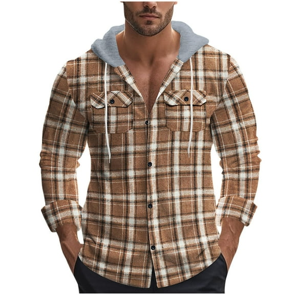 Mens Plaid Jackets Flannel Hooded Drawstring Button Down Patchwork Shacket Casual Loose Outwear With Flat Pockets (L, Yellow)