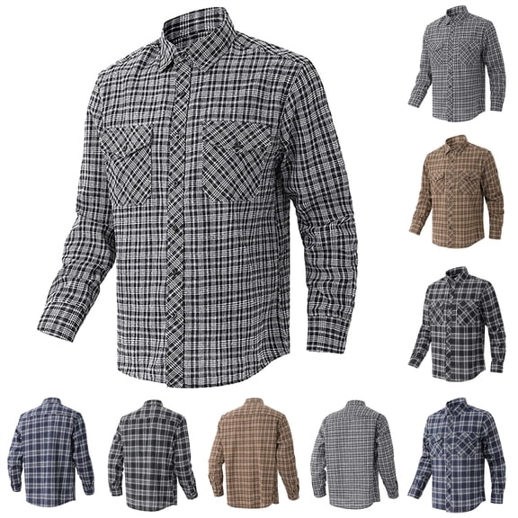 BiZtdJrK Mens Plaid Long Sleeve Dress Shirts Casual Button Down Lapel Collar Shacket Regular Fit Work Tops with Chest Pocket, Brown, XXL