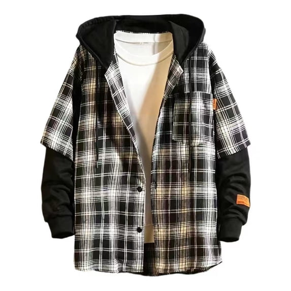 Mens Plaid Long Sleeve Hooded Shirt Pullover Layered Casual Fall Autumn Top Black L