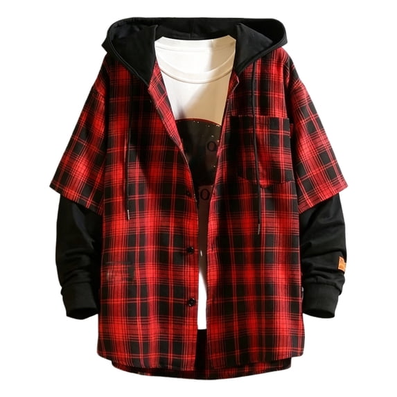 Mens Plaid Long Sleeve Hooded Shirt Pullover Layered Casual Fall Autumn Top Red XXXL