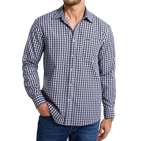 Mens Plaid Long Sleeve Shirts Contrast Collar Dress Shirts Casual Button Down Shirts with Pocket L