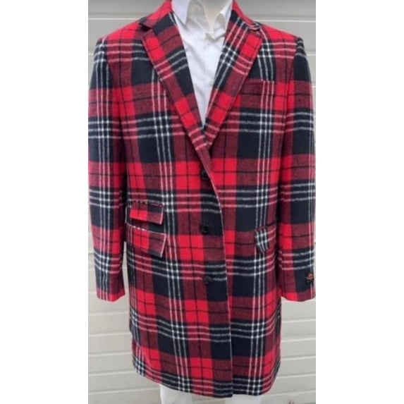 Mens Plaid Overcoat - Checkered Carcoat - 100% Wool Three Quarter Peacoat