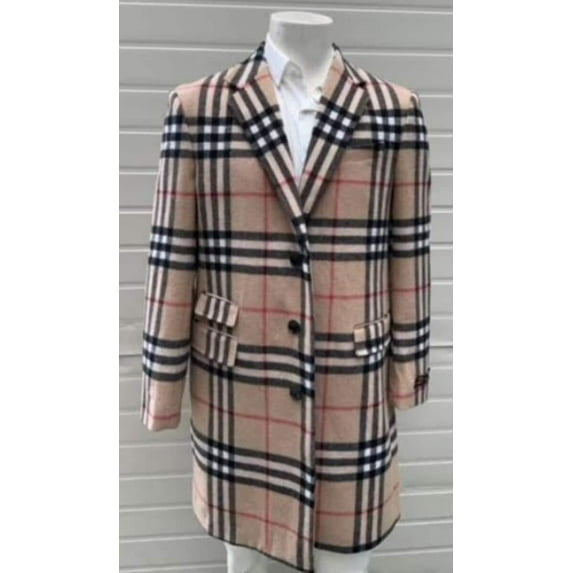 Mens Plaid Overcoat - Checkered Carcoat - Wool Three Quarter Peacoat