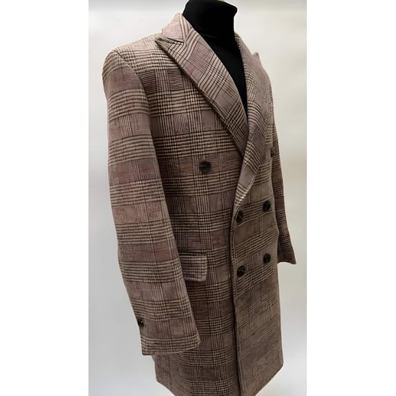 Mens Plaid Overcoat - Hounstooth Checker Pattern Topcoat - Rust Brown