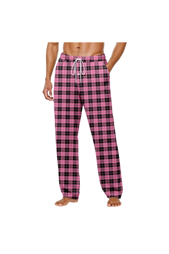 Mens Plaid Pajama Pants Button Fly Sleep Pants Classic Style Lounge PJ Pants Drawstring Lightweight Soft Cotton Blend Homewear Pink M