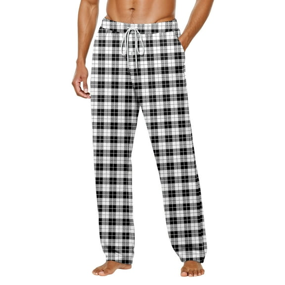 Mens Plaid Pajama Pants Button Fly Sleep Pants Classic Style Lounge PJ Pants Drawstring Lightweight Soft Cotton Blend Homewear White XXXL