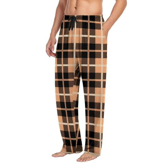 Mens Plaid Pajama Pants Lightweight Lounge Loose Sleepwear Elastic Waist Drawstring Soft Loungewear Pant with Pockets Khaki L