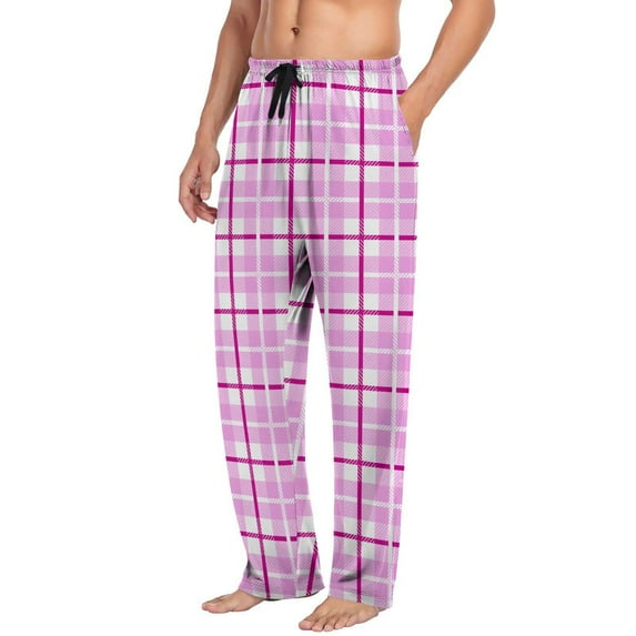 Mens Plaid Pajama Pants Lightweight Lounge Loose Sleepwear Elastic Waist Drawstring Soft Loungewear Pant with Pockets Pink S