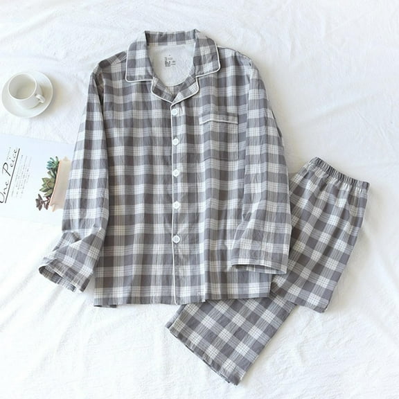 Mens Plaid Pajamas Sets 2 Pack Long Sleeve Sleepwear Suits Casual Button-Down Shirts Wide Leg Pants Homewear Loungewear Set with Pocket