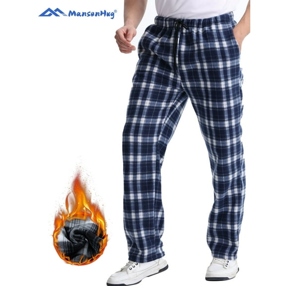 MANSENHUG Mens Plaid Pants Flannel Keep warm Double-faced pile Trousers Double-pocket storage Pajama Pants