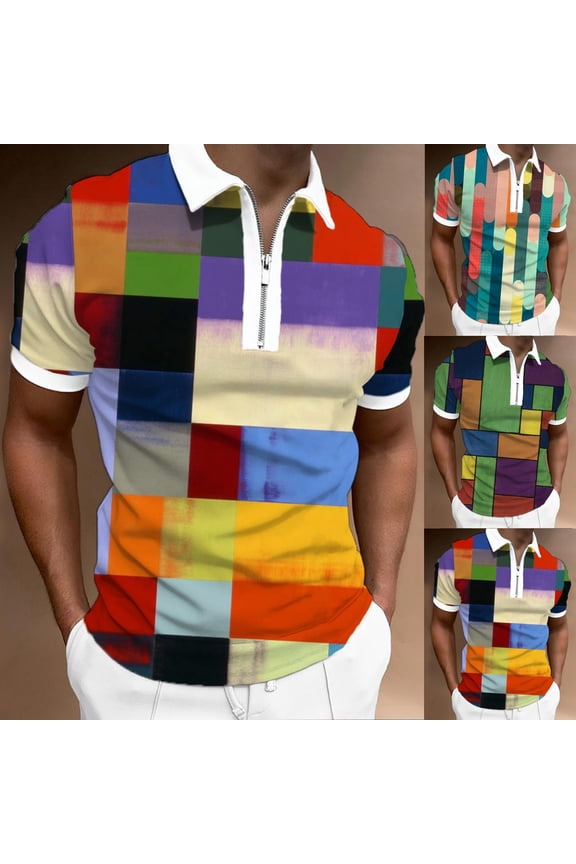 Mens Plaid Polo Shirt Short Sleeve Breathable T Shirt Zip Placket Casual Summer Top Blue XXXL