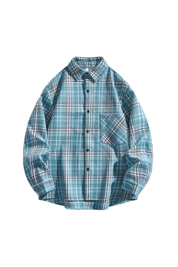 Mens Plaid Shirt Brushed Flannel Shirt Long Sleeve Button Turn Down Collar Fall Winter Shirt Jacket Blue M