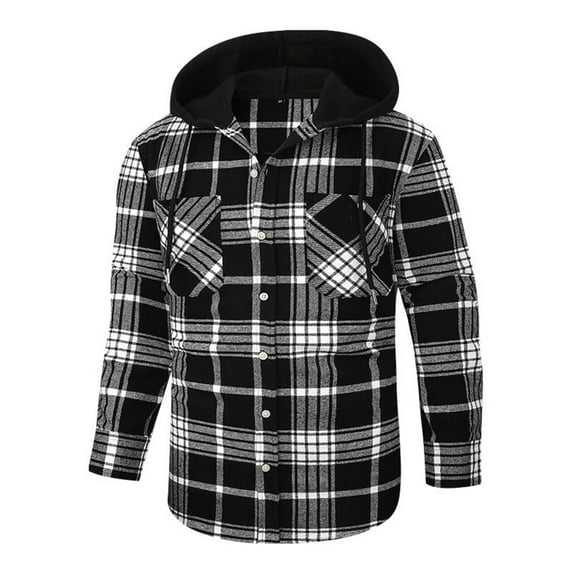 Mens Plaid Shirt Button Front Long Sleeve Hoodie Spring Stylish Jacket Shirts Vintage Checkered Shacket with Pocket OIOLOYJM Dark Gray M