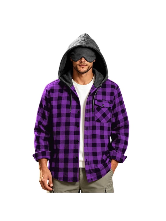 Mens Plaid Shirt Button Down Hooded Outwear Checked Long Sleeve Hoodie Soft Flannel Warm Jacket Casual Hooded Sweatshirt Outdoor Tartan Button Down Shirt Jackets Casual Smart Vintage Cardigan