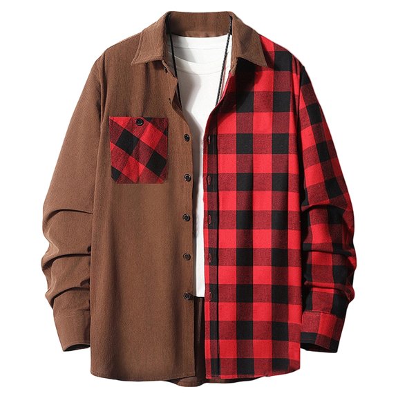 Mens Plaid Shirt Color Block Long Sleeve Shirt Button Turn Down Collar Casual Popular Style Top Coffee S