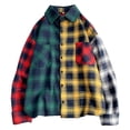 thumbnail image 1 of Mens Plaid Shirt Color Block Shirt Long Sleeve Button Collar Asymmetrical Hem Casual Streetwear Top GN1 L, 1 of 4