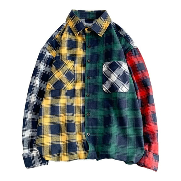 Mens Plaid Shirt Color Block Shirt Long Sleeve Button Collar Asymmetrical Hem Casual Streetwear Top Yellow L