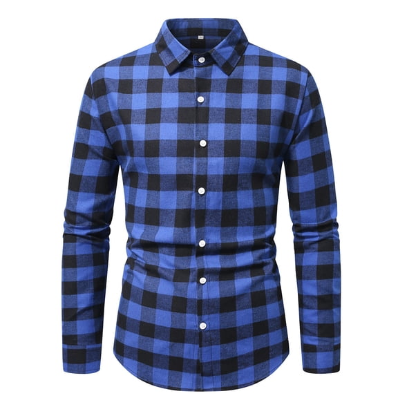 Mens Plaid Shirt Flannel Shirt Long Sleeve Button Turn Down Collar Slim Fit Casual Warm Dark Blue XXL