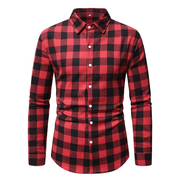 Mens Plaid Shirt Flannel Shirt Long Sleeve Button Turn Down Collar Slim Fit Casual Warm Watermelon Red S