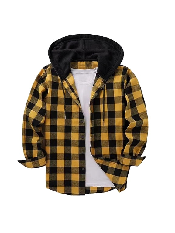 Mens Plaid Shirt Hooded Flannel Shirts Jacket Lightweight Check Casual Tops Classic Checked Long Sleeve Hooded Shirt Soft Fleece Coat Winter Outerwear Casual Loose Plaid Button Down Blouse