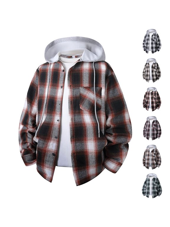 Mens Plaid Shirt Jacket Dqueduo Men's Checkered Flannel Hooded Drawstring Long Sleeve Button Front Chest Pocket Casual Shirt Jacket, Unisex Orange L