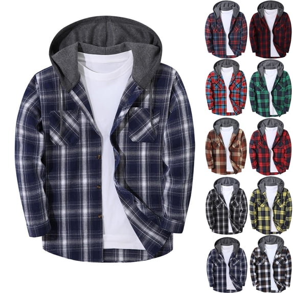 Mens Plaid Shirt Jacket Dqueduo Men's Flannel Plaid Long Sleeve Hooded Button Front Chest Pocket Casual Shirt Jacket Blue L