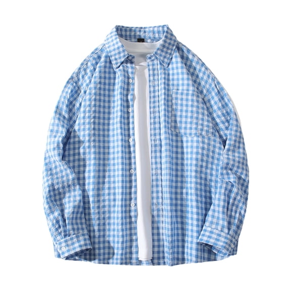 Mens Plaid Shirt Long Sleeve Shirt Button Collar Lightweight Loose Fit Casual Flannel Shirt for Spring Fall Light Blue XXL