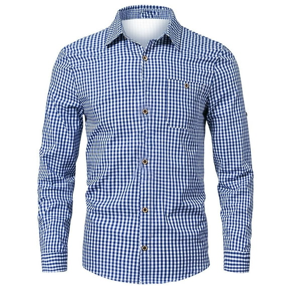Mens Plaid Shirt Long Sleeve Shirt Casual Slim Fit Button Turn Down Collar Shirt Spring Fall Blue L
