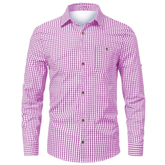 Mens Plaid Shirt Long Sleeve Shirt Casual Slim Fit Button Turn Down Collar Shirt Spring Fall Purple XXXL